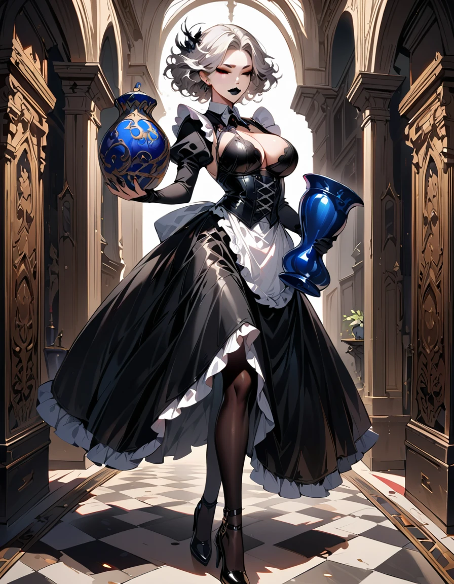 Young beautiful woman,(Highest quality,Extremely detailed depiction,Incredibly absurd high resolution,Anatomically accurate depiction,Curvy Legs,Shiny skin,Porcelain-like skin),(Black and white gothic maid outfit,Maid Skirt,corset,black tights,High heels),eyelash,(Silver Hair,Black Eyes,Eyes half closed:1.5,Large Breasts,Glossy black lips:1.2,Heavy makeup,Holding a ceramic vase:1.5),Sweat:0.8,(whole body),background:Bright corridor of the castle,