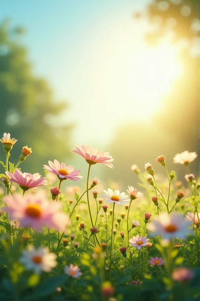 sun shining on swaying flowers