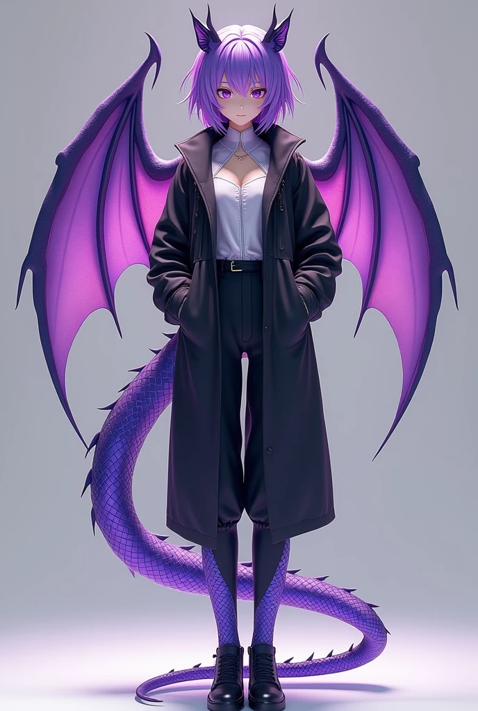 violet dragon scales on legs, violet dragon scales on hands, violet dragon scales on neck, violet dragon scales on side torso, violet dragon tail on back waist, violet dragon wings on back, violet dragon eyes, violet dragon horns on head, purple pupils, black jacket with asymmetrical fields and long sleeves, high collar and two buttons on the left side, black trousers without a belt, black shoes, purple hair, calm look, calming pose with hands in pockets, closed mouth, full focus on body, look at the viewer, anime style, 16K, Best quality, high quality, accurate, masterpiece, uhd, retina, anatomically correct, textured skin, high details, award winning,