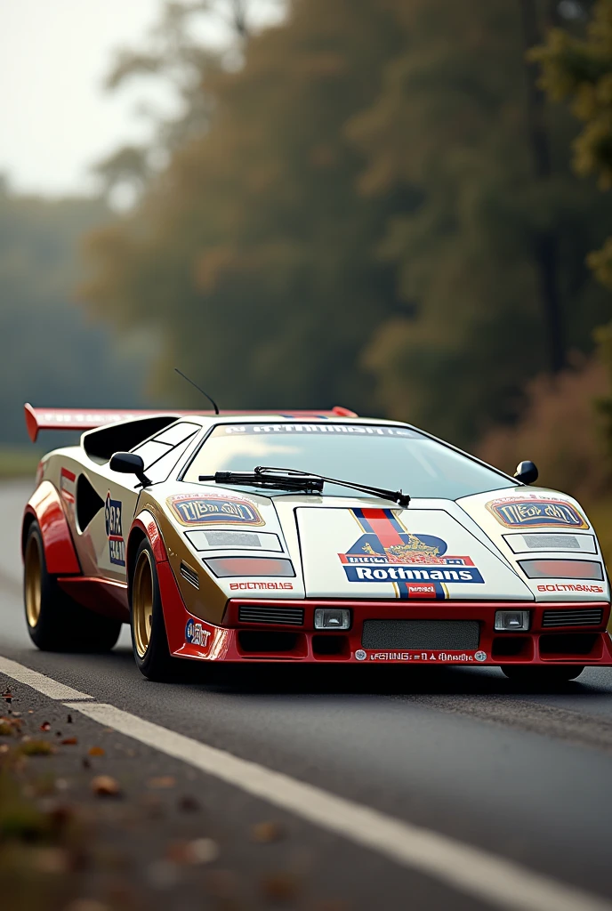 A Lamborghini Countach with rothmans livery holding it's retro look, the car is white and the livery is mainly navy blue, dark red and gold, classic rothmans racing livery