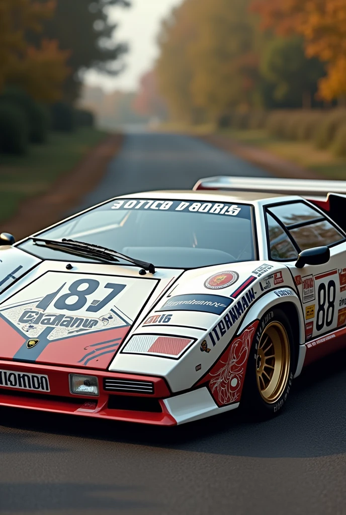 A Lamborghini Countach with rothmans livery holding it's retro look, the car is white and the livery is mainly navy blue, dark red and gold, classic rothmans racing livery