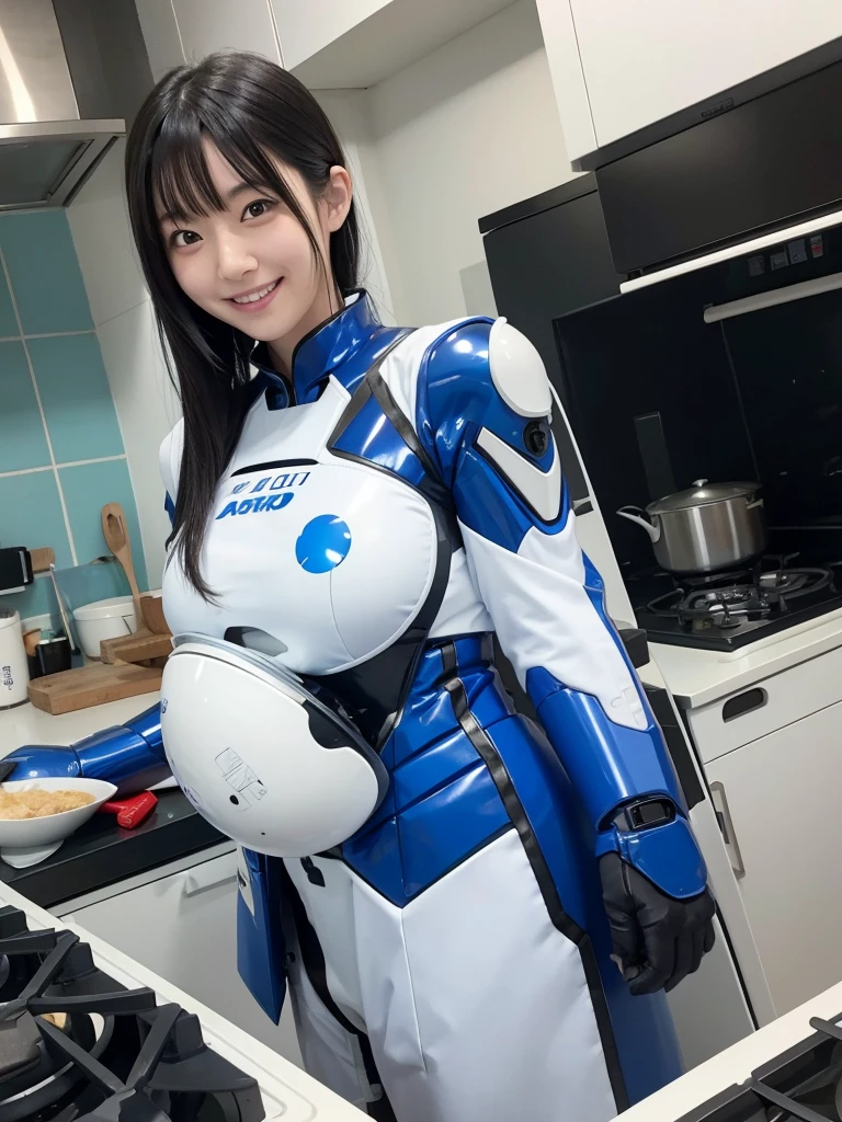 Japanese female android,Black Hair,White and blue robot suit,Plump,Cooking in the kitchen,smile