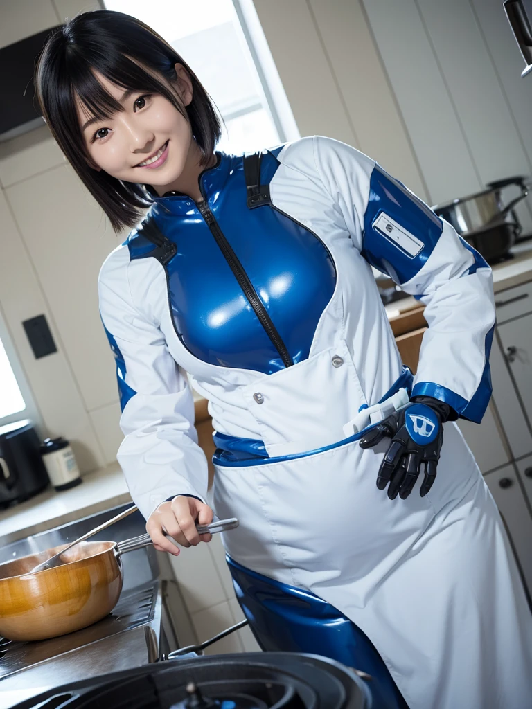 Japanese female android,Black Hair,White and blue robot suit,Plump,Cooking in the kitchen,smile