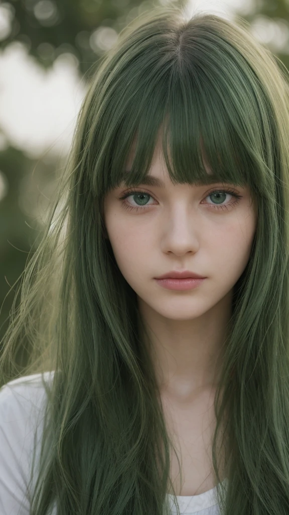 a girl. European. Extremely detailed face. Oval face. Delicate facial features. Half-closed eyes. Long straight hair. Messy hair. Bangs. Green hair. Green eyes. lewd expression. sad mood