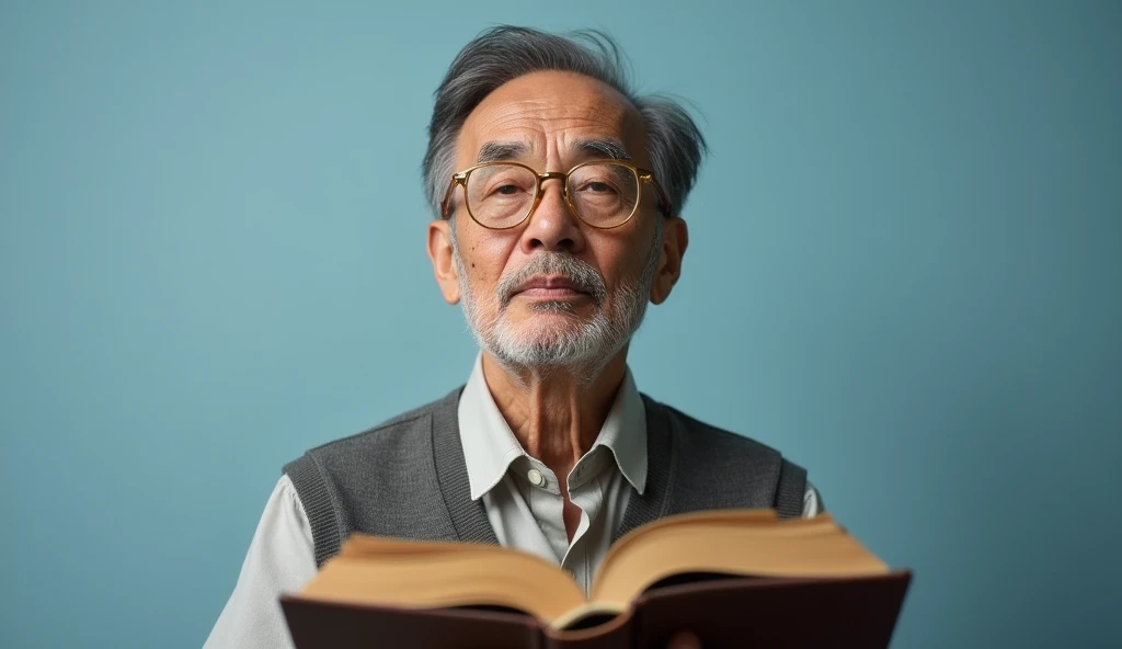 give me a macro Asian man with glasses with a face full of wisdom reading a bible that is at chest height, He is facing the photo and has a light blue background