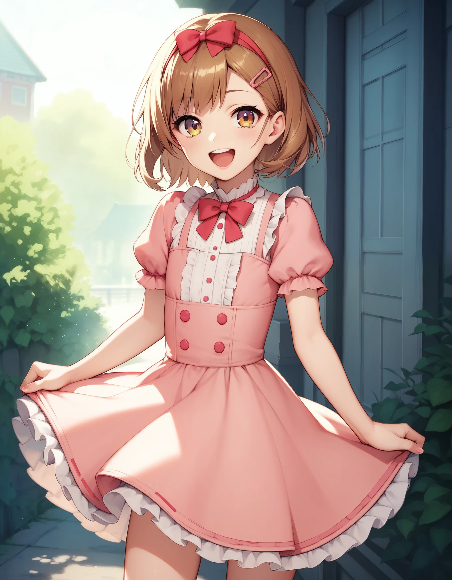 (masterpiece:1.2), best quality, highres, original, (extremely detailed:1.2), ultra-detailed, wallpaper, perfect lighting,(extremely detailed CG:1.2), 8k, anime illustration, HD, cute, kawaii, 1boy, crossdressing, solo, tomgirl, (brown hair, open the mouth, laughing, happy, hairclip:1.1), (Lolita Fashion, short sleeves, pink dress, mini dress, delicate dress, ruffles hemline, ribbon on dress, flat chest, breastless:1.2), thighs, standing, looking at viewer, frontal, outdoor, sunny