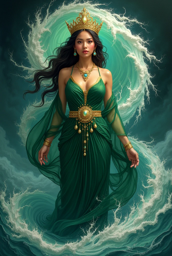 Kanjeng Ratu Kidul in a green dress with a gold belt, South Beach Queen, portrait of a beautiful goddess, goddess of Southeast Asia, goddess of love and peace, beautiful goddess, a stunning portrait of a goddess, painting of beautiful, earth goddess mythology, goddess of nature, goddess art, Indonesian goddess of wealth, female goddess, fantasy woman, goddess of beauty, wearing a small gold crown with a crystal arrangement in the middle, dark green kemben (camisole) luxurious jewelry, dark green shawl and cloth skirt batik sarong, smooth green and white, standing on blue water with waves and with a dramatic effect, surrounded by whirlpools, creating a mystical atmosphere, fractal art, bright and shining in the center with a dark background, water manipulation, intricate details, hyperrealistic, throughout body, UHD, HD, hyperdetail