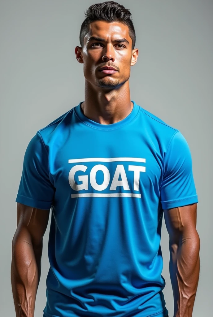Ronaldo wearing tshirt blue colour with goat
