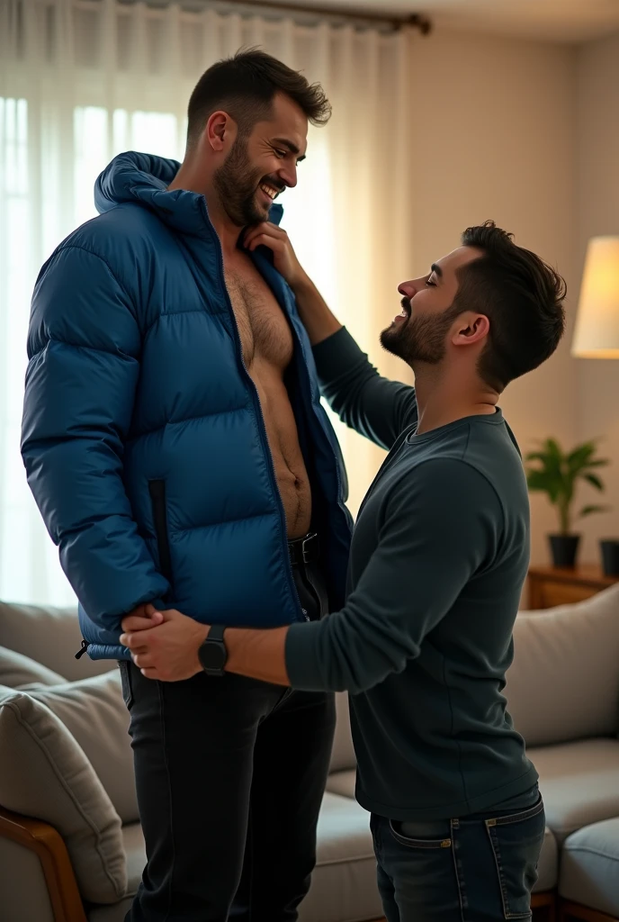 Create a hyper-realistic, high-resolution image showing two extremely handsome brightly lit living room. The wonderful and seductive uncle, aged 42, with short hair beginning to show signs of balding, is wearing dark pants and an open, *extremely shiny blue nylon puffer jacket* that exposes his slightly hairy chest and slightly prominent belly. He is kneeling on the floor, *wearing a collar around his neck*, being pulled by his gorgeous dominnering nephew, a 26 yo man with a naturally attractive physique, dressed in a fitted shirt and casual pants, stands next to his wonderful submissive uncle. (((The *nephew pulls the collar with a confident and authoritative expression*, while the uncle, *kneeling*, looks up with a submissive expression))). The living room is natural high iluminate, with normal, comfortable decor that enhances the realism of the scene. The image should capture every detail with precision, emphasizing the interaction and contrast of roles between the two men with natural high ilumination highliging the realistic males man.