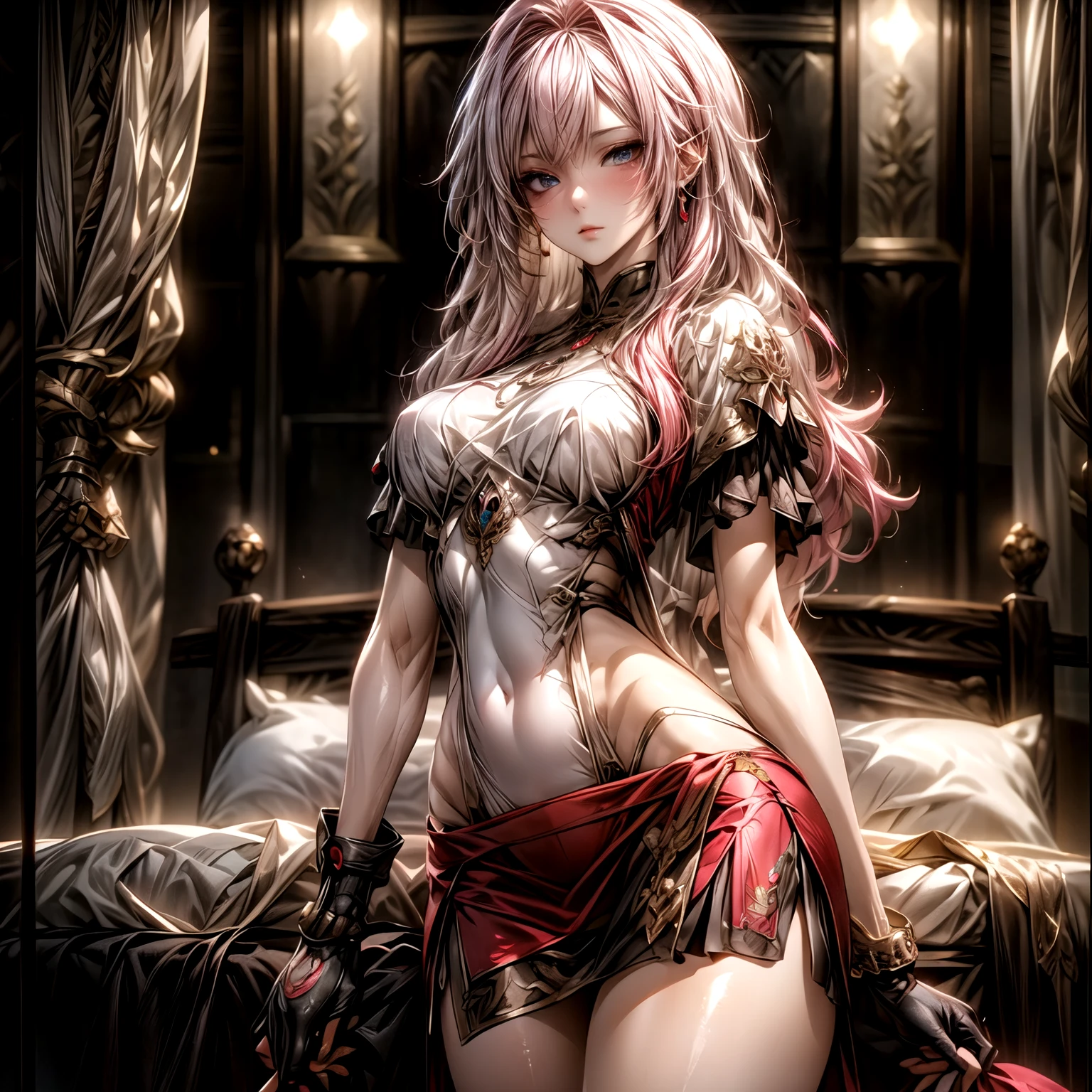 (best quality)), ((Masterpiece)), (details:1.4), 3d, HDR (high dynamic range), an image of a beautiful cyberpunk female, fantasy, medieval, Cyberpunk, Sleek style, Pink hair, Curtain Bangs, hips up, Beautiful White eyes, จมูกโด่ง, ปากแดง, หน้าอกใหญ่, nvidia RTX, PBR surface, After processing, Anisotropic filtration,depth of field, Maximum clarity and clarity, multi-layered surface, Subsurface scattering, perfect proportions, 8K raw files, ultra detailed, Perfect proportions, volumetric lighting, soft lighting, Holy Paldin, Heavy Golden Armor, White dress, intricate Silver embroidery, glossy skin, Bed room Background, jewely, ต่างหู, mini red skirt, glove,