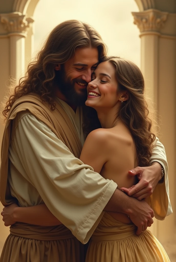 Jesus huging a young woman so happily 

