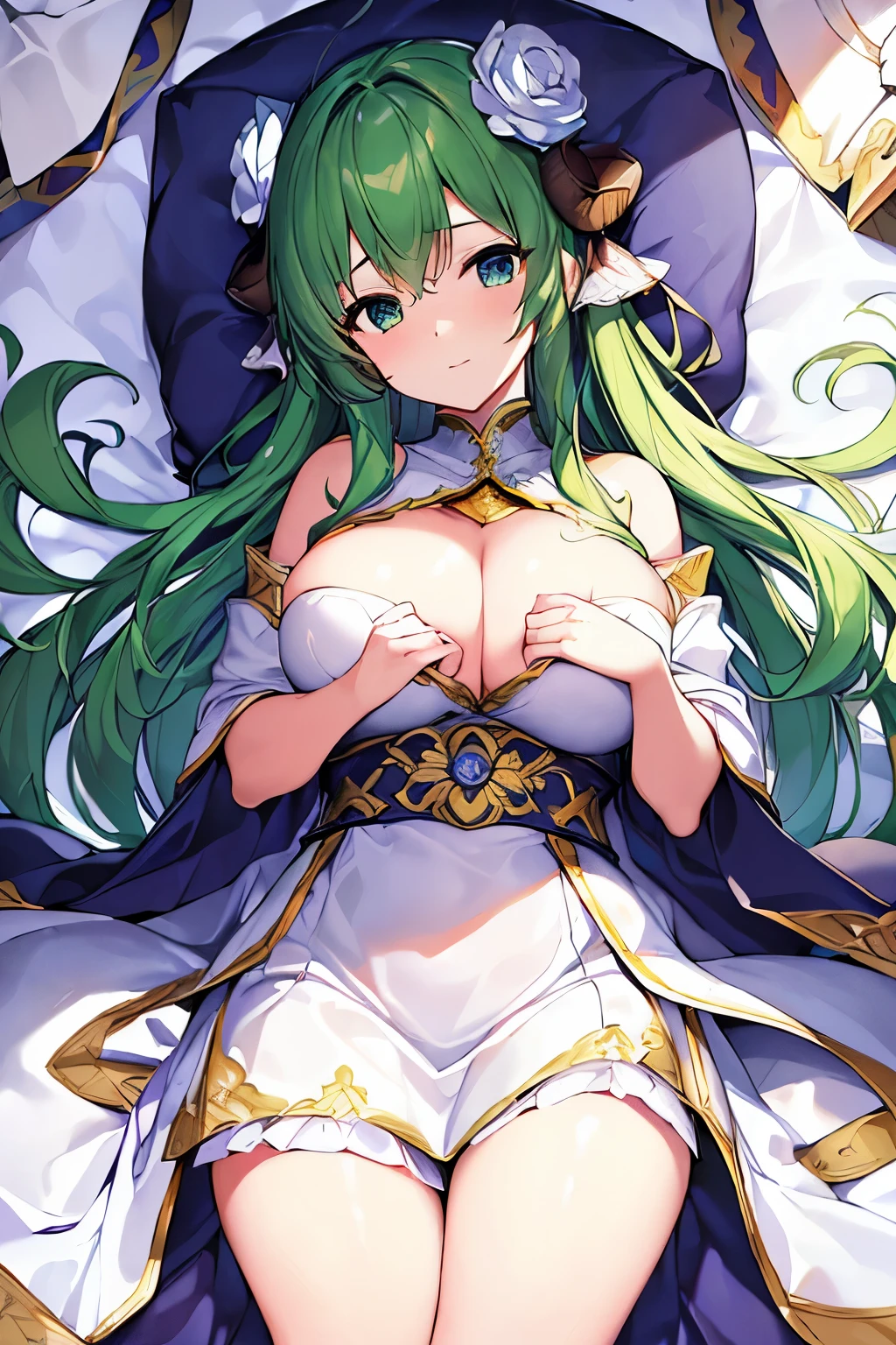 (4K、masterpiece、Highest quality、high resolution、Detailed light、Detailed Shadows、Detailed Design)、1 girl、Fantasy、(Sacred ceremonial clothing)、clergyman、white and green clothing、Large Breasts、Ram&#39;s horn、Meadow、Motherhood Explosion