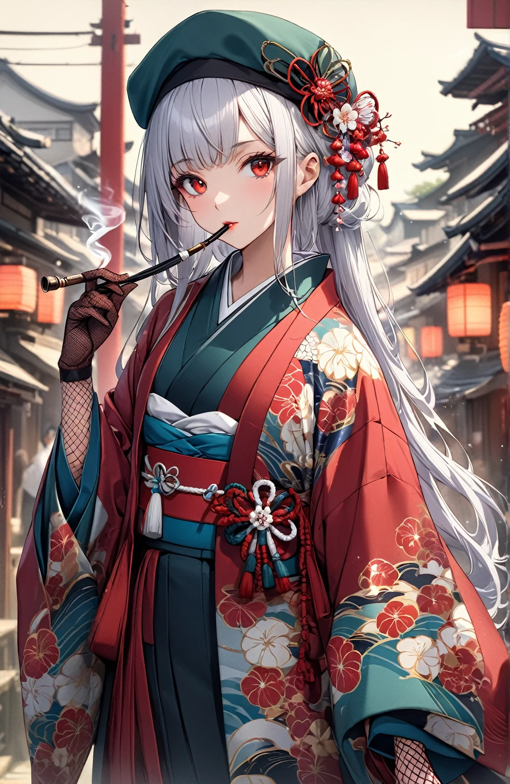 Ultra high resolution, rich colors, perfect image, top quality, detailed image, beautiful woman, glowing skin, skin and clothing texture, delicate eyes, Showa era town, Japanese clothes, kimono, long-sleeved kimono, haori, toque hat, fishnet gloves, smoking pipe, long silver hair, red eyes