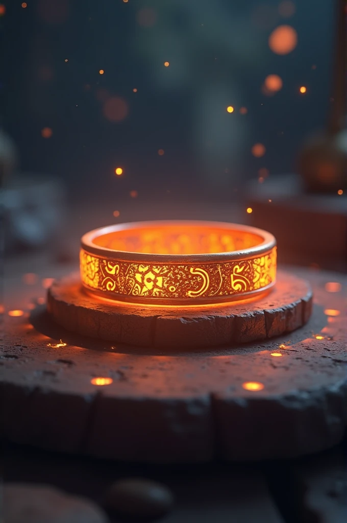 Need 3d animation style for A close-up of the bracelet placed on the altar, glowing softly, with intricate designs symbolizing its power.