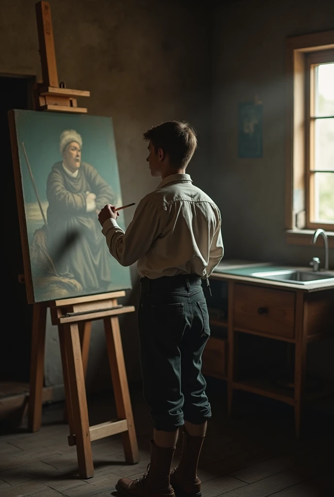 Dutch simple poor young man, back pose, making painting ,standing straight,, cinematic, perfect lighting, 4k, 8k, 32k, hdr