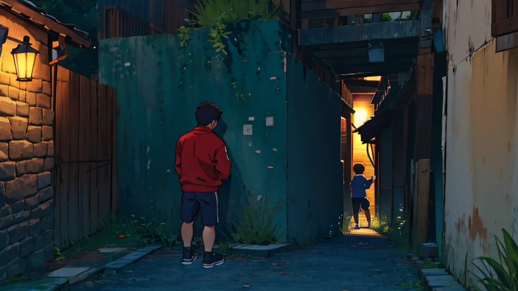 against a wall, at night