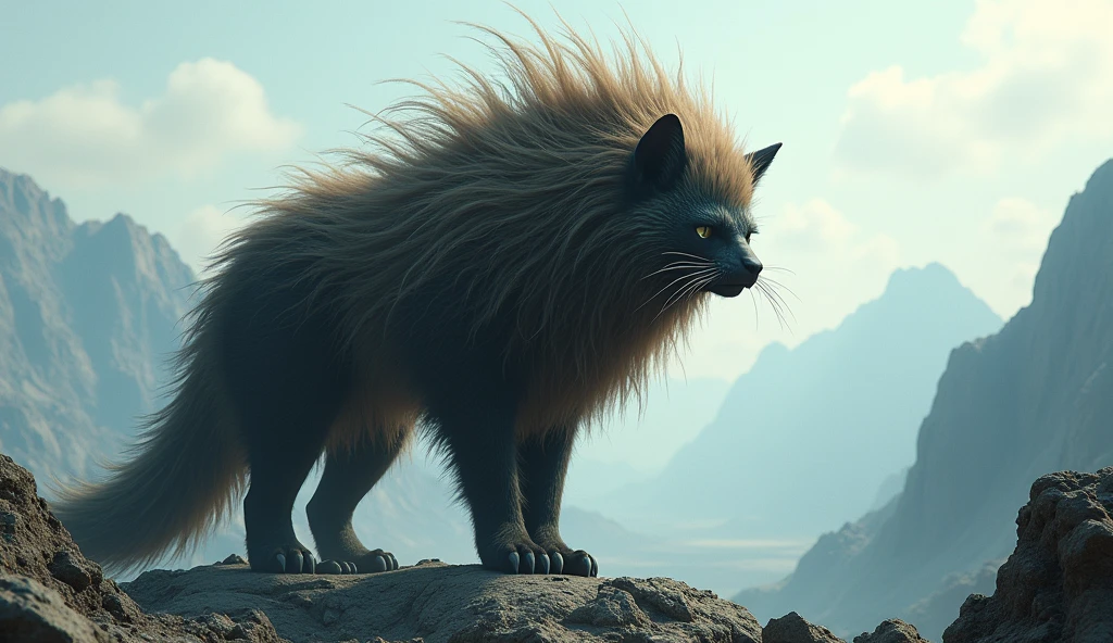 On the bare mountain without any plants, there is a beast that looks like a civet cat.,Long, long hair on the head(best quality,4K,8k,High level,masterpiece:1.2),Ultra Detailed,(lifelike,Photo real,Photo real:1.37)