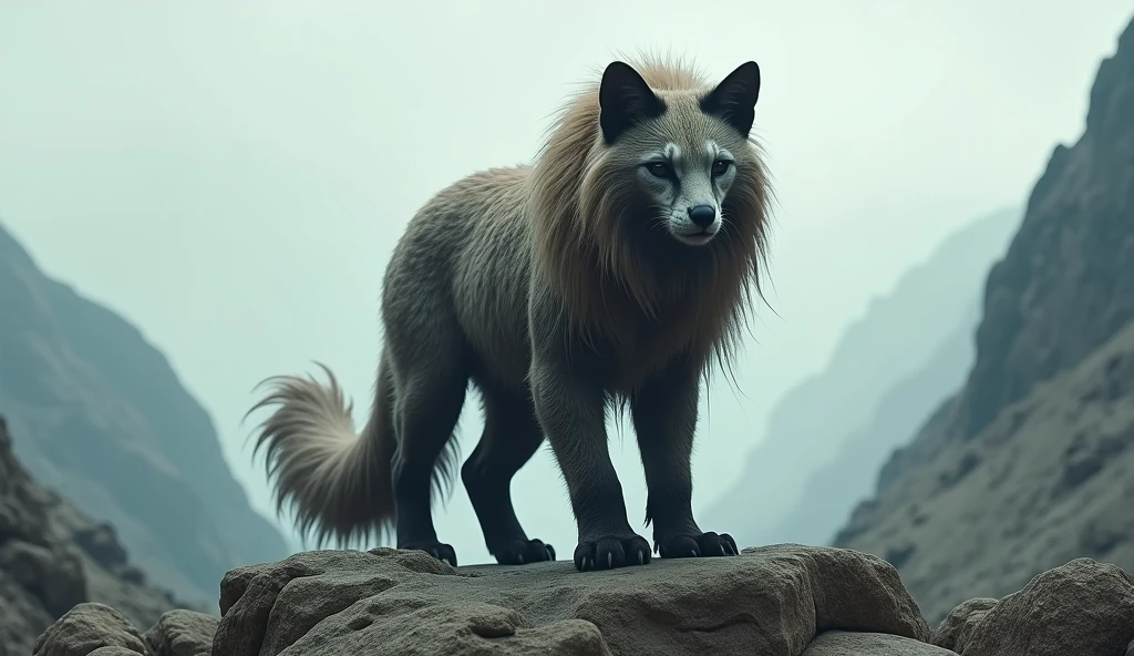 On the bare mountain without any plants, there is a beast that looks like a civet cat.，Long, long hair on the head（best quality，4K，8k，High level，masterpiece：1.2），Ultra Detailed，（lifelike，Photo real，Photo real：1.37）