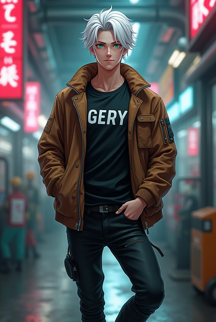 Erkek cocuk, pele caucasiana, 20 year, White hair, wearing black jeans, wearing black boots, White T-shirt and her name 'GERY' has written on that, with brown aviator jacket, greeneyes,curved body, cocked ass, cyberpunk atmosphere, Raby, アニメ, .Smile,Blonde Hair,