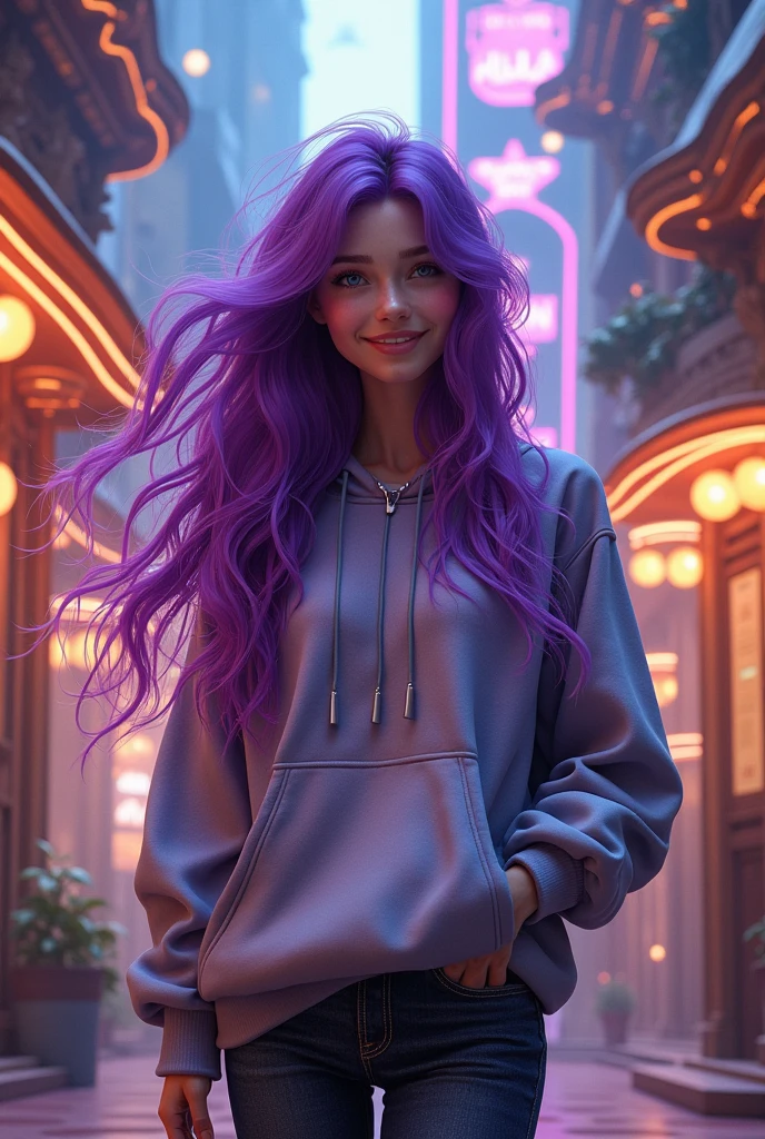 1 girl, High resolution, best quality, very long hair, purple hair, smile, Backlight, in metallic Sweatshirt, walks through the city,art nouveau,