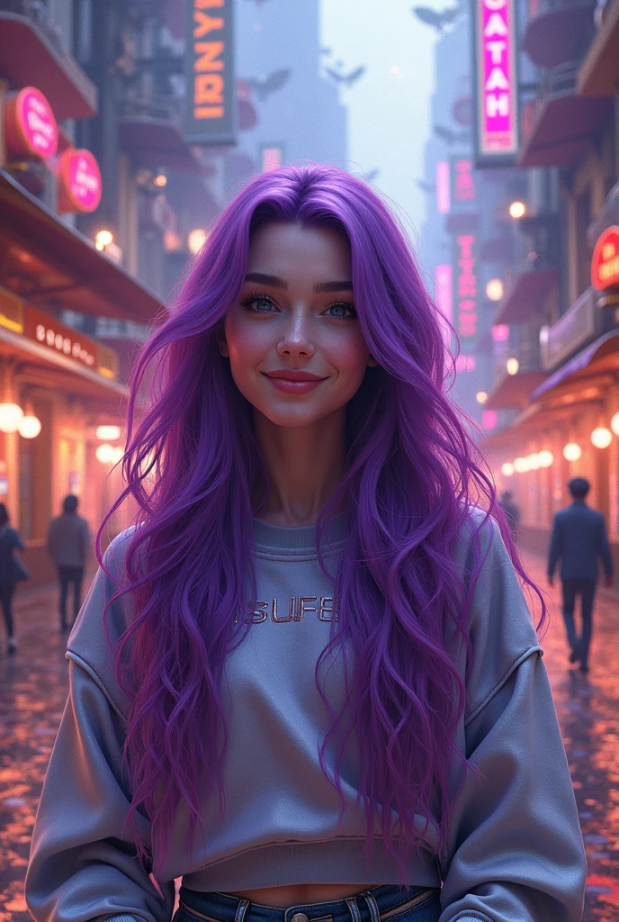 1 girl, High resolution, best quality, very long hair, purple hair, smile, Backlight, in metallic Sweatshirt, walks through the city,art nouveau,