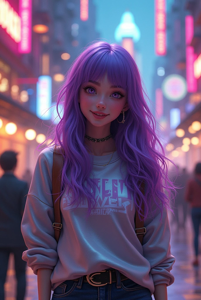 1 girl, High resolution, best quality, very long hair, purple hair, smile, Backlight, in metallic Sweatshirt, walks through the city,art nouveau,