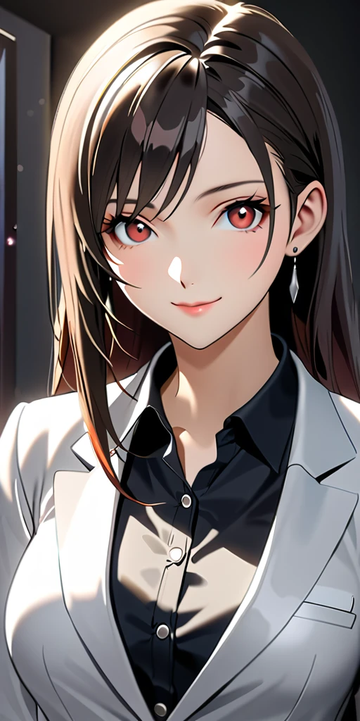 (((((tifa lockhart:1.5))))),((Highest quality、masterpiece、anime style、best quality、high resolution、8k、detailed、ultra-detailed:1.3))、Long legs:1.2, Beautiful woman with perfect figure:1.4、(Smiling:1.2), double eyelid、30-year-old female、((((One Woman,beautiful face,Beautiful face:1.5)))),Big Breasts、High resolution, accurate, Anatomically correct, High-resolution model, high quality, Very detailed, Ultra high definition、Black Hair、Straight Hair、Long Hair、(((formal suit、オフィス:1.1)))
