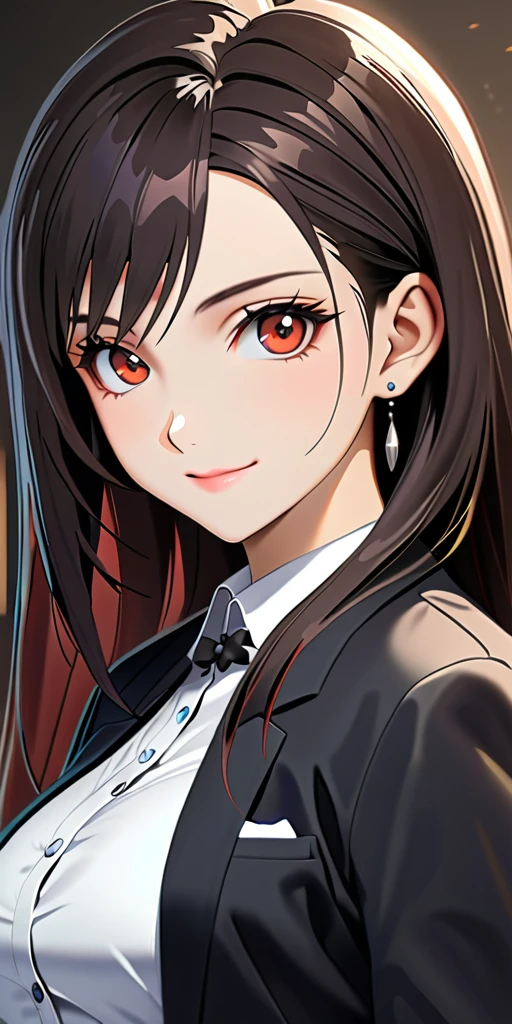 (((((tifa lockhart:1.5))))),((Highest quality、masterpiece、anime style、best quality、high resolution、8k、detailed、ultra-detailed:1.3))、Long legs:1.2, Beautiful woman with perfect figure:1.4、(Smiling:1.2), double eyelid、30-year-old female、((((One Woman,beautiful face,Beautiful face:1.5)))),Big Breasts、High resolution, accurate, Anatomically correct, High-resolution model, high quality, Very detailed, Ultra high definition、Black Hair、Straight Hair、Long Hair、(((formal suit、オフィス:1.1)))