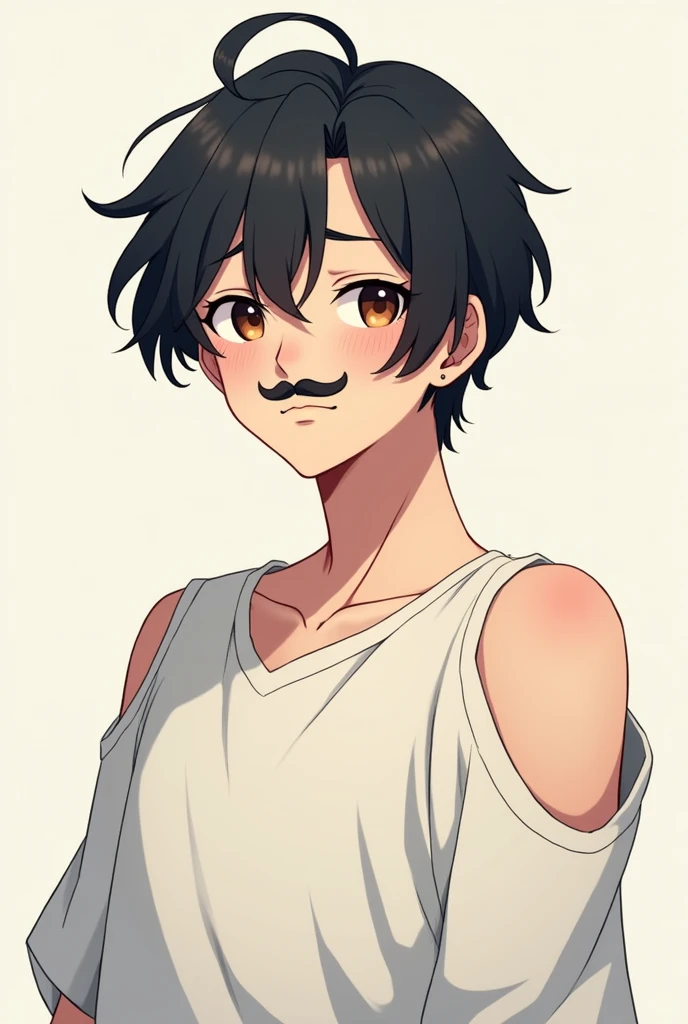 An anime character boy with no beard but with some moustaches black hair and wearing drop shoulders