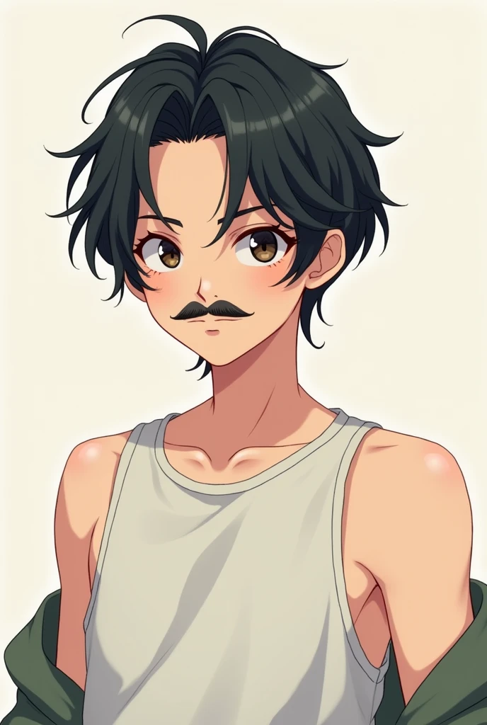 An anime character boy with no beard but with some moustaches black hair and wearing drop shoulders
