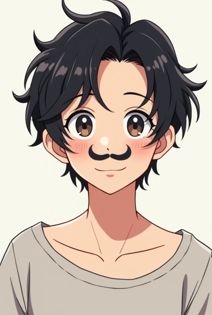 An anime character boy with no beard but with some moustaches black hair and wearing drop shoulders 