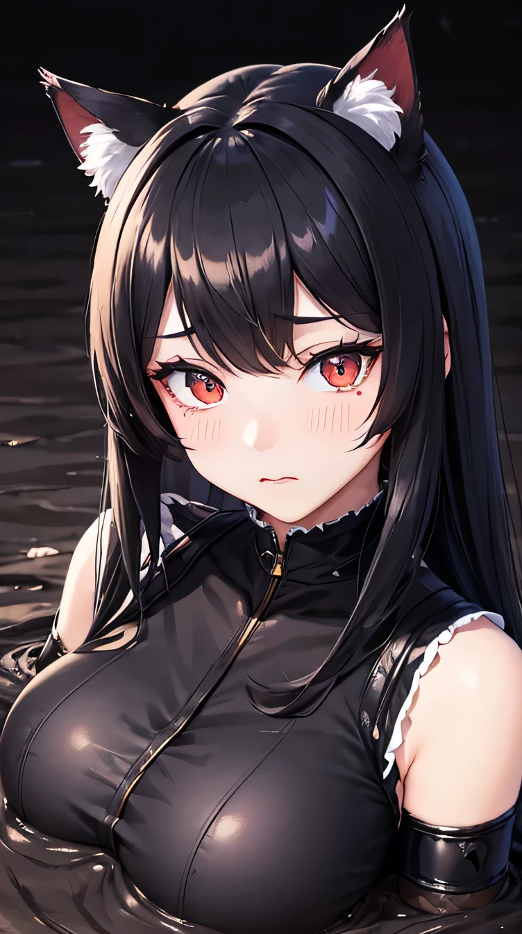 Detailed facial details，1 girl、cat ears，black long hair,shut up，big bust，Wearing a blue striped sailor suit，Captivating red eyes, shy expression，slim，handcuffs，color，glowing skin，The facial details are really intricate, Body covered in mud