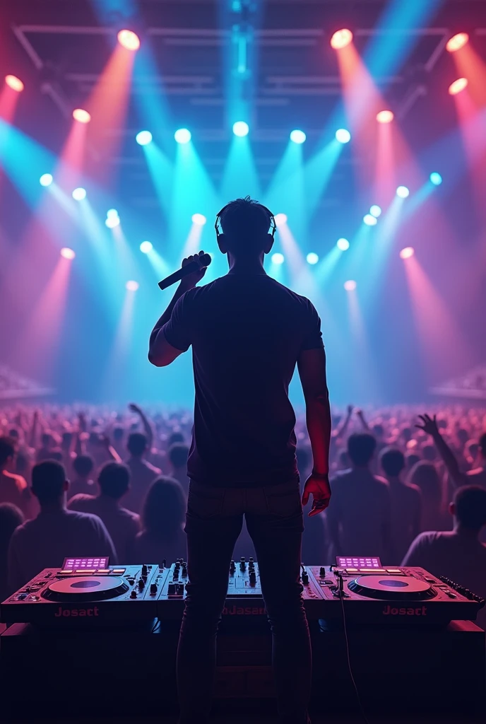 A DJ at a concert holding a microphone in his right hand closer and more visible