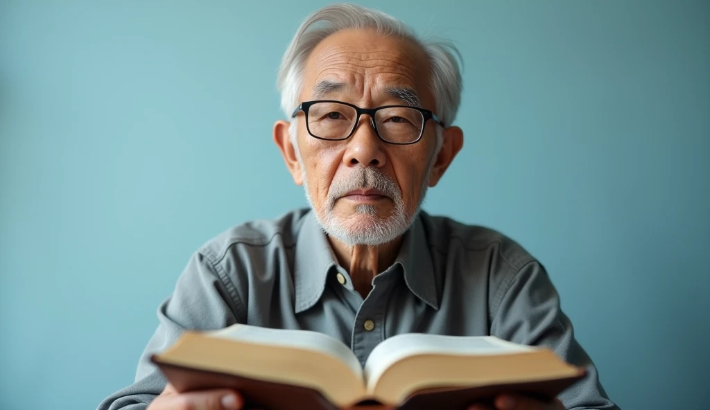 give me a macro Asian man with glasses with a face full of wisdom reading a bible that is at chest height, He is facing the photo and has a light blue background