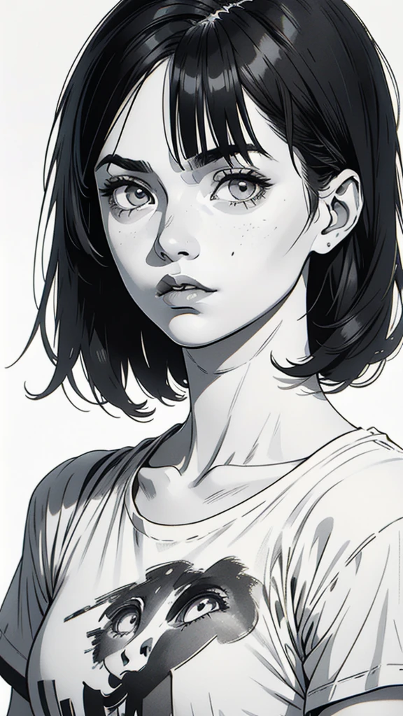 1 boyish girl, solo, sharp eyes, monochrome, greyscale, shoulder length black bangs hair, portrait, (blank white T-shirt), Thin eyebrows, closed mouth, looking at viewer, detailed lips, hatching \(texture\), without makeup, upper body, (best illustration), (best quality), (very detailed), (masterpiece), expressionless,