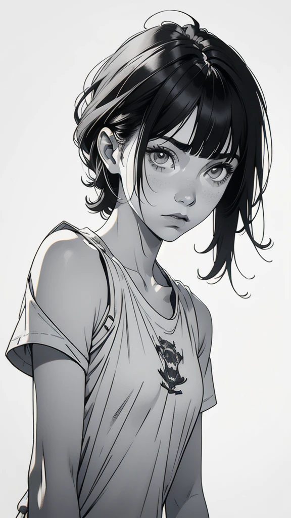 1 boyish girl, solo, sharp eyes, monochrome, greyscale, shoulder length black bangs hair, portrait, (blank white T-shirt), Thin eyebrows, closed mouth, looking at viewer, detailed lips, hatching \(texture\), without makeup, upper body, (best illustration), (best quality), (very detailed), (masterpiece), expressionless,