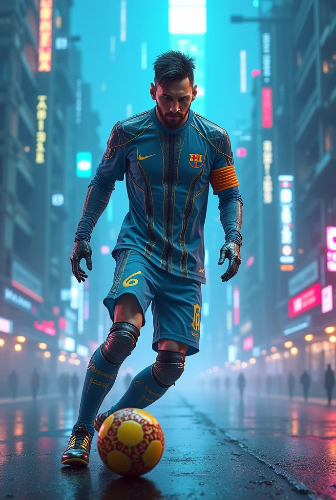 Messi in cyborg costume taking free kick in cyberpunk city with ble and neon  ligths 