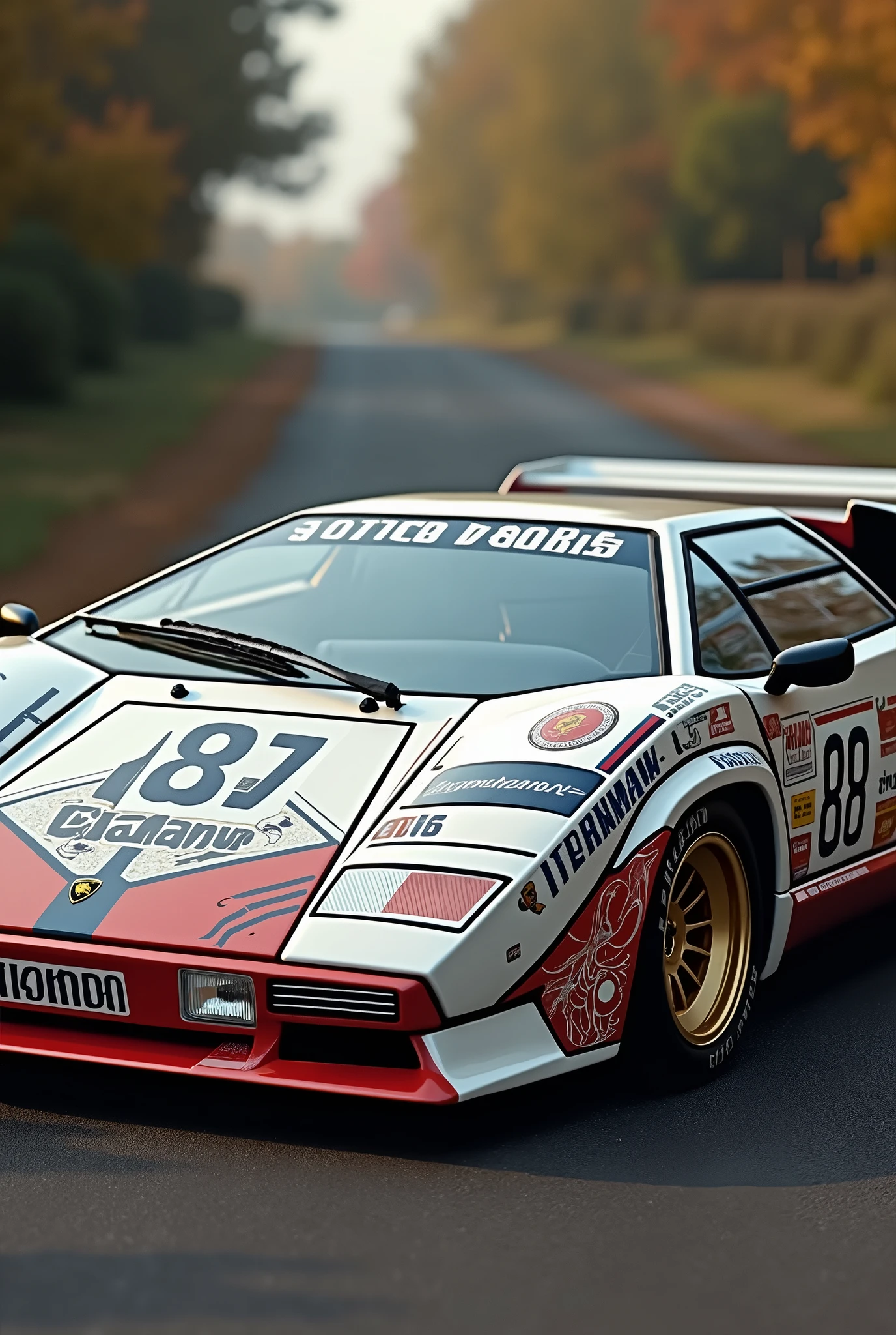 A Lamborghini Countach with rothmans livery holding it's retro look, the car is white and the livery is mainly navy blue, dark red and gold, classic rothmans racing livery