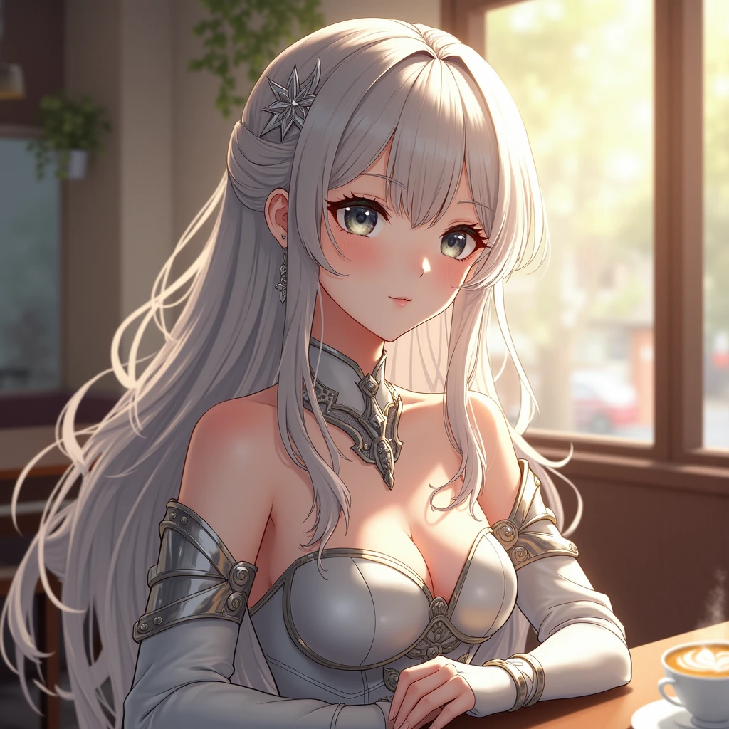 A Beautiful Women Sitting in Cafe, With Beautiful Calm Grey eyes, Silver White Hair, Clad in Silver-White Armor, she looks stunning and beautiful with Rays of sunshine falling on her face from the window, anime Style