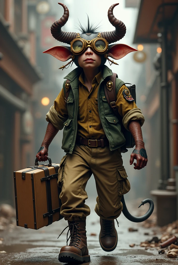 A tiefling in a delivery outfit and steampunk goggles
