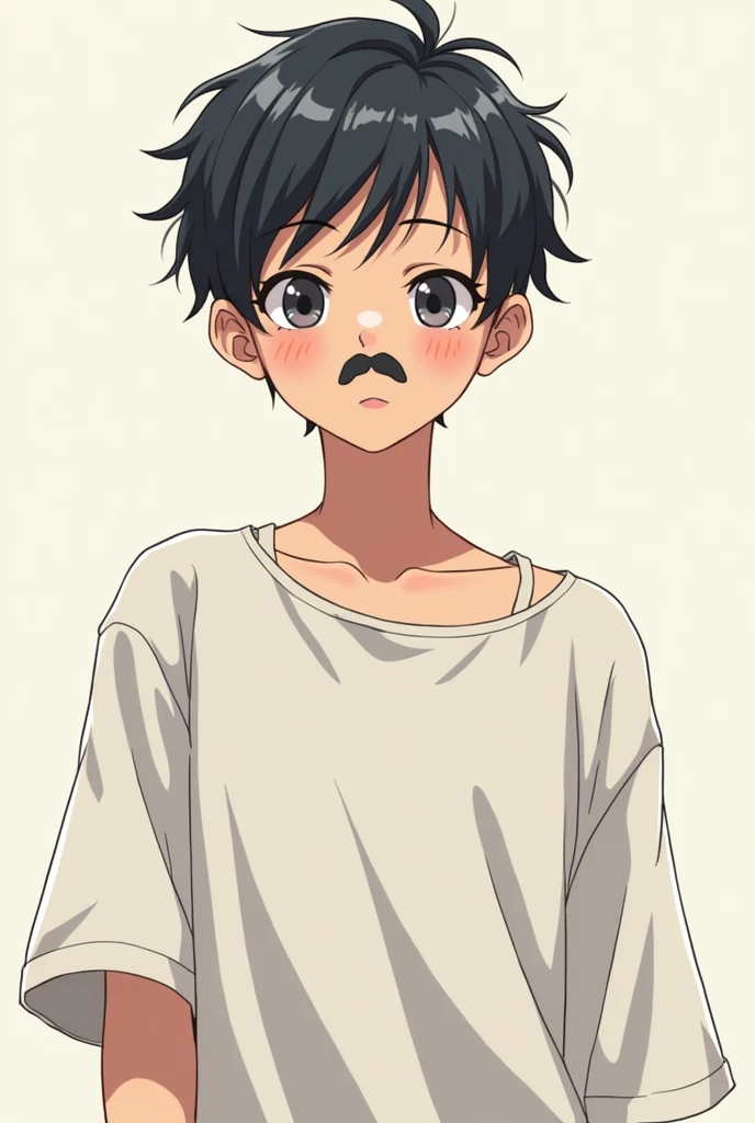 An anime character boy with no beard but with some moustaches black hair and wearing drop shoulders