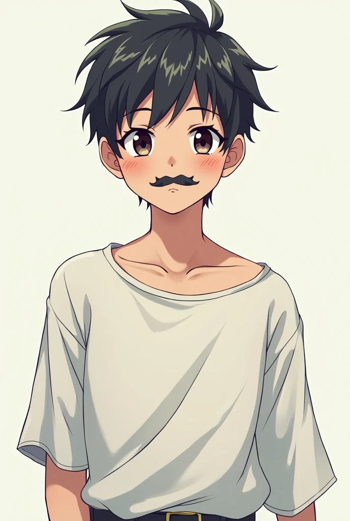 An anime character boy with no beard but with some moustaches black hair and wearing drop shoulders