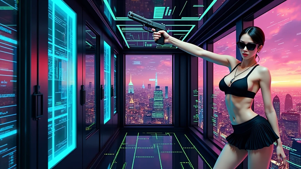 Futuristic cityscapes with colorful all-glass towering skyscrapers, flying vehicle, (futuristic sparkling teleporter with lightning). High-resolution OLED GUI interfaces in the building, The windows are filled with transparent data visualization infographics that show it all, from weather patterns to traffic flow. Colors are saturated and vibrant. At night, (1girl, solo), photo realistic, medium-:1.3 slim body, slim face, deep-v cleava-waist one-piece short tulle dress, (micro black sunglasses, holding a short gun), half-body thigh level medium shot, cinematic lighting, ray tracing.