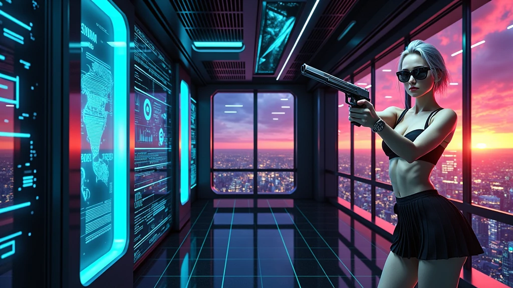 (Wide angle view). At night, Matrix inspired simple outlined futuristic AI data hub, all-glass servers, glowing IC wall, 3D holographic stereoscopic projection, line art background. High-resolution floating 3D OLED GUI interfaces in the building, The windows are filled with transparent data visualization infographics that show it all, floor decorated with very close-up green glowing Matrix cascading code. Colors are saturated and vibrant. At night, (1 female hacker, solo, alone), photorealistic, large-breast slim:0.6 body, oval:0.5 face, black mini bra, cleavage:1.1, deep-v, very low angle view of black pleated miniskirt, white panty, (upskirt), glove, (Matrix style black micro sunglasses), (aiming viewer with a short gun), dynamic pose, (half-body thigh level close-up shot), cinematic lighting, ray tracing, motion blur background.