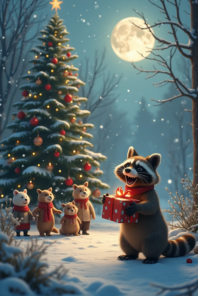 Good raccoon, gives gifts to all the animals for the New Year ,beautiful and mysterious nature around , The moon is shining, snow falls , raccoon laughing offers gifts, behind there is a tall, elegant Christmas tree and many animals with people and children.