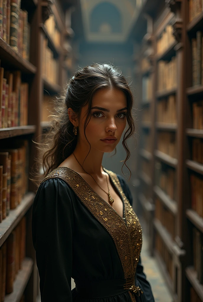 A woman standing in the middle of an
ancient library, surrounded by towering
bookshelves filled with weathered books.
Lighting is carefully arranged to cast soft
shadows on her face, creating a
mysterious and enchanting mood. A
strong focus on eyes, expressing a depth
of wisdom and intrigue. Capture this using
a medium format Hasselblad 500cm for a
classic film aesthetic. Style it with
Baroque elements, highlighting ornate
details on clothing and environment, and
enhancing the overall depth and intensity
of the image