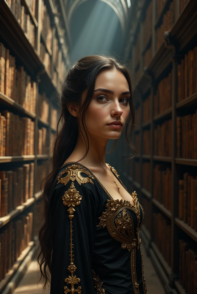 A woman standing in the middle of an
ancient library, surrounded by towering
bookshelves filled with weathered books.
Lighting is carefully arranged to cast soft
shadows on her face, creating a
mysterious and enchanting mood. A
strong focus on eyes, expressing a depth
of wisdom and intrigue. Capture this using
a medium format Hasselblad 500cm for a
classic film aesthetic. Style it with
Baroque elements, highlighting ornate
details on clothing and environment, and
enhancing the overall depth and intensity
of the image