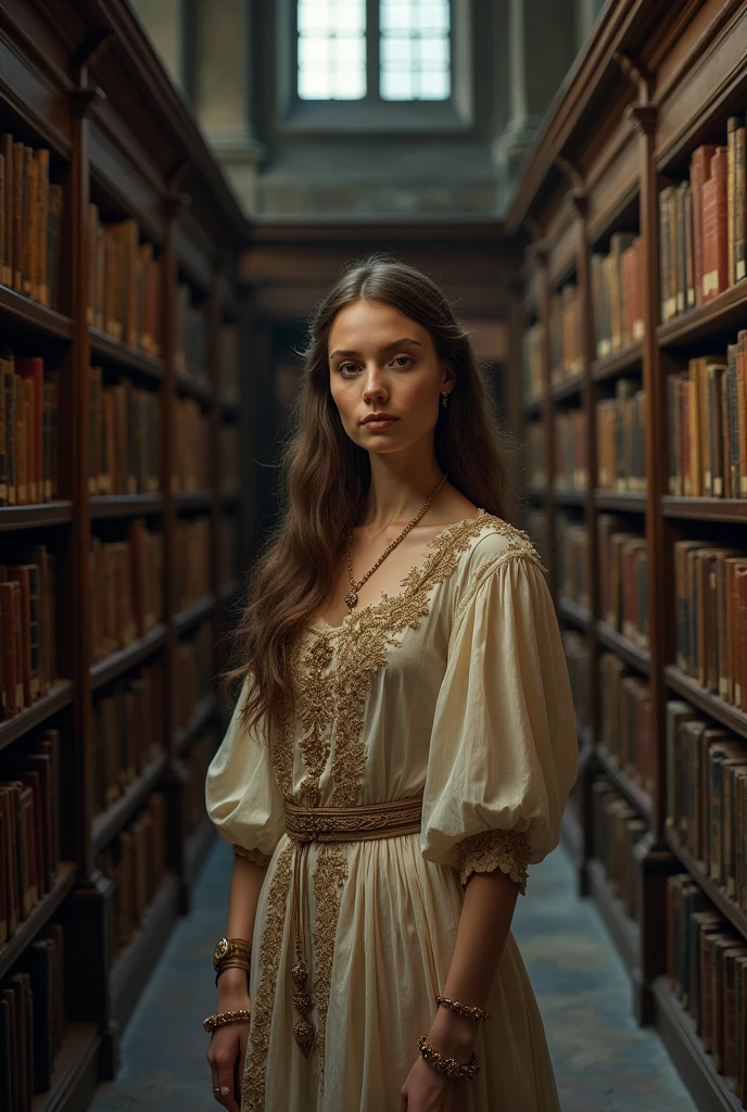 A woman standing in the middle of an
ancient library, surrounded by towering
bookshelves filled with weathered books.
Lighting is carefully arranged to cast soft
shadows on her face, creating a
mysterious and enchanting mood. A
strong focus on eyes, expressing a depth
of wisdom and intrigue. Capture this using
a medium format Hasselblad 500cm for a
classic film aesthetic. Style it with
Baroque elements, highlighting ornate
details on clothing and environment, and
enhancing the overall depth and intensity
of the image