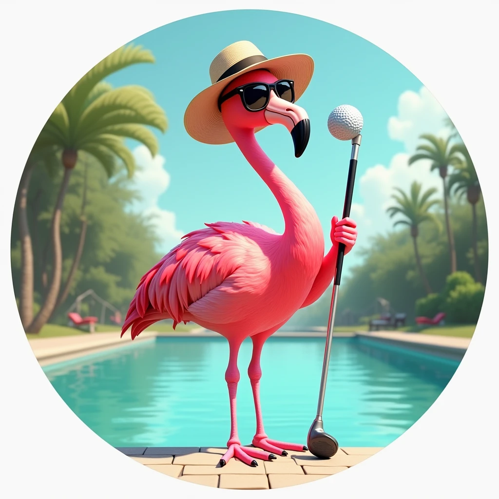 A standing flamingo wearing sunglasses, hat and holding a golf club, Fun and relaxed, the flamingo is standing in a pool, Image inside a circle, Whole body