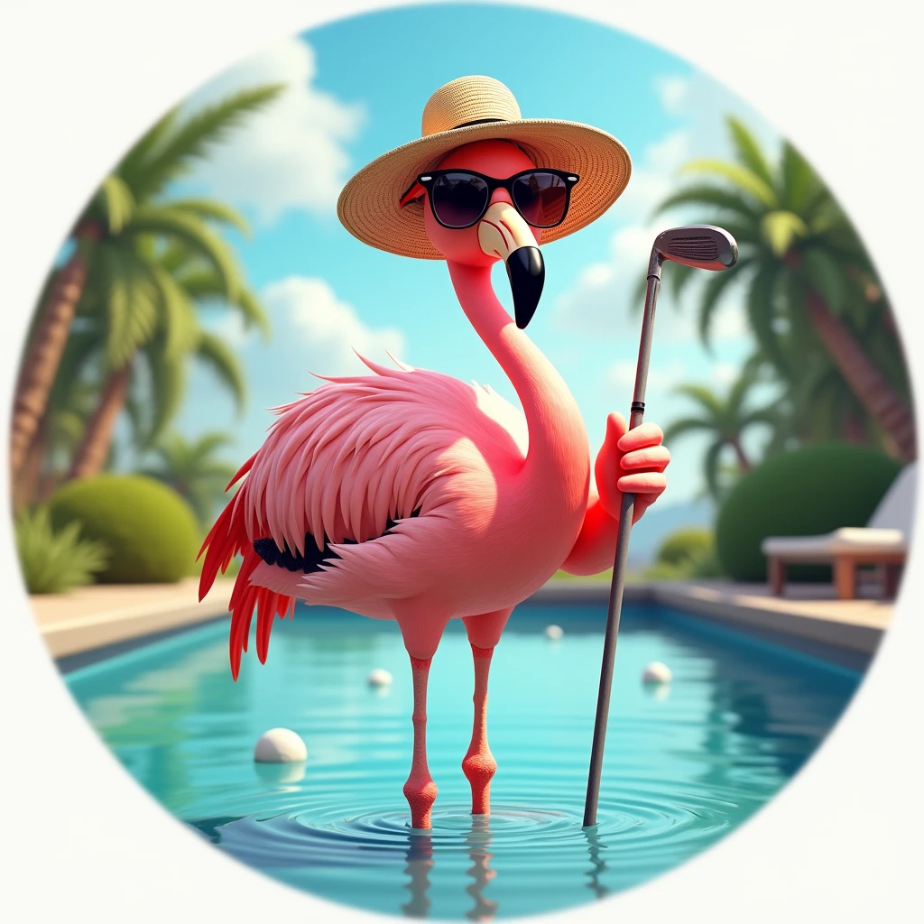 A standing flamingo wearing sunglasses, hat and holding a golf club, Fun and relaxed, the flamingo is standing in a pool, Image inside a circle, Whole body